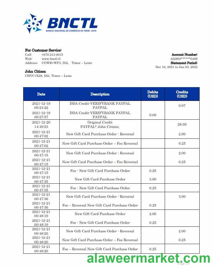 Timor-Leste BNCTL bank statement